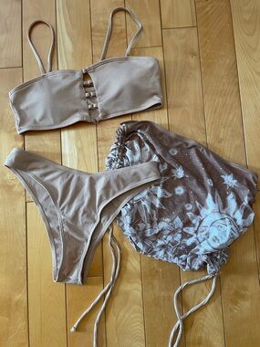 M. Beautyful Sand Ribbed Bandeau Bikini Set with Moon-Print Cover-Up